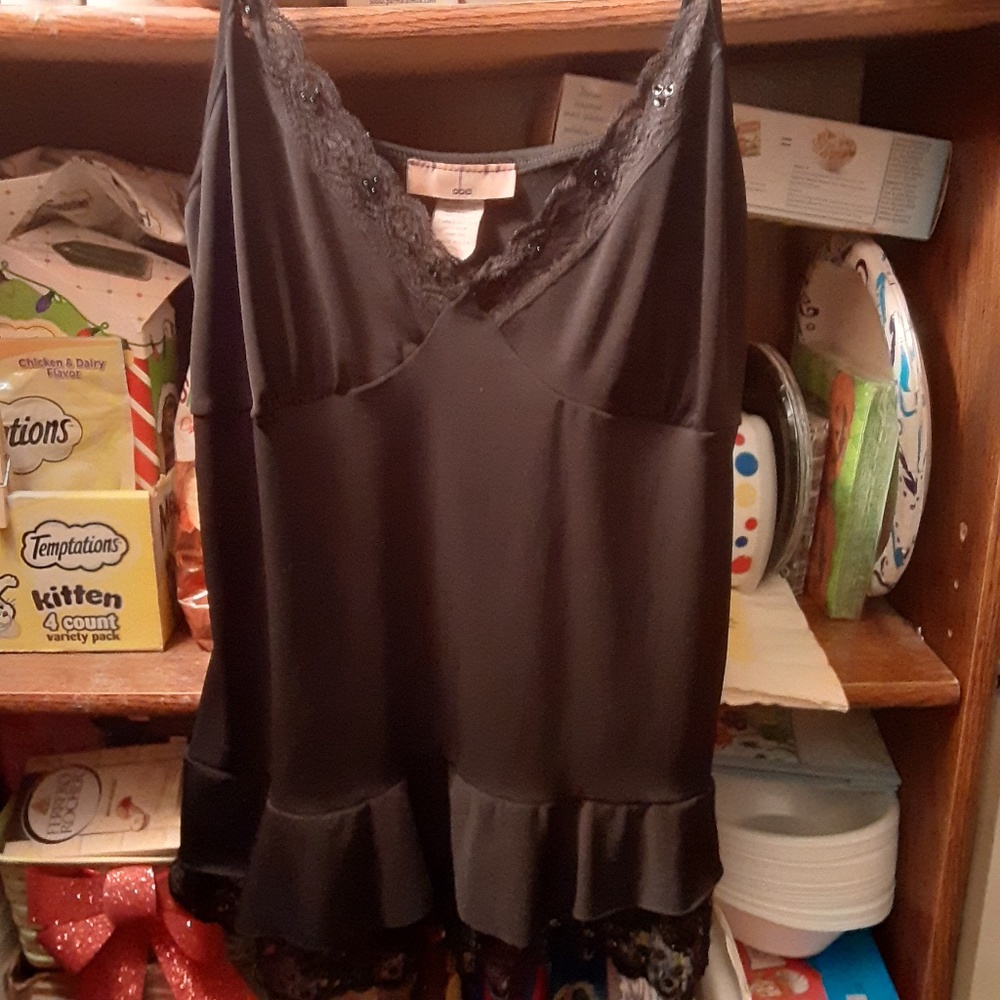 Obe L M Black Lace Trimming Tiered Ruffled Beaded Empire Waist Cami Tank Top
